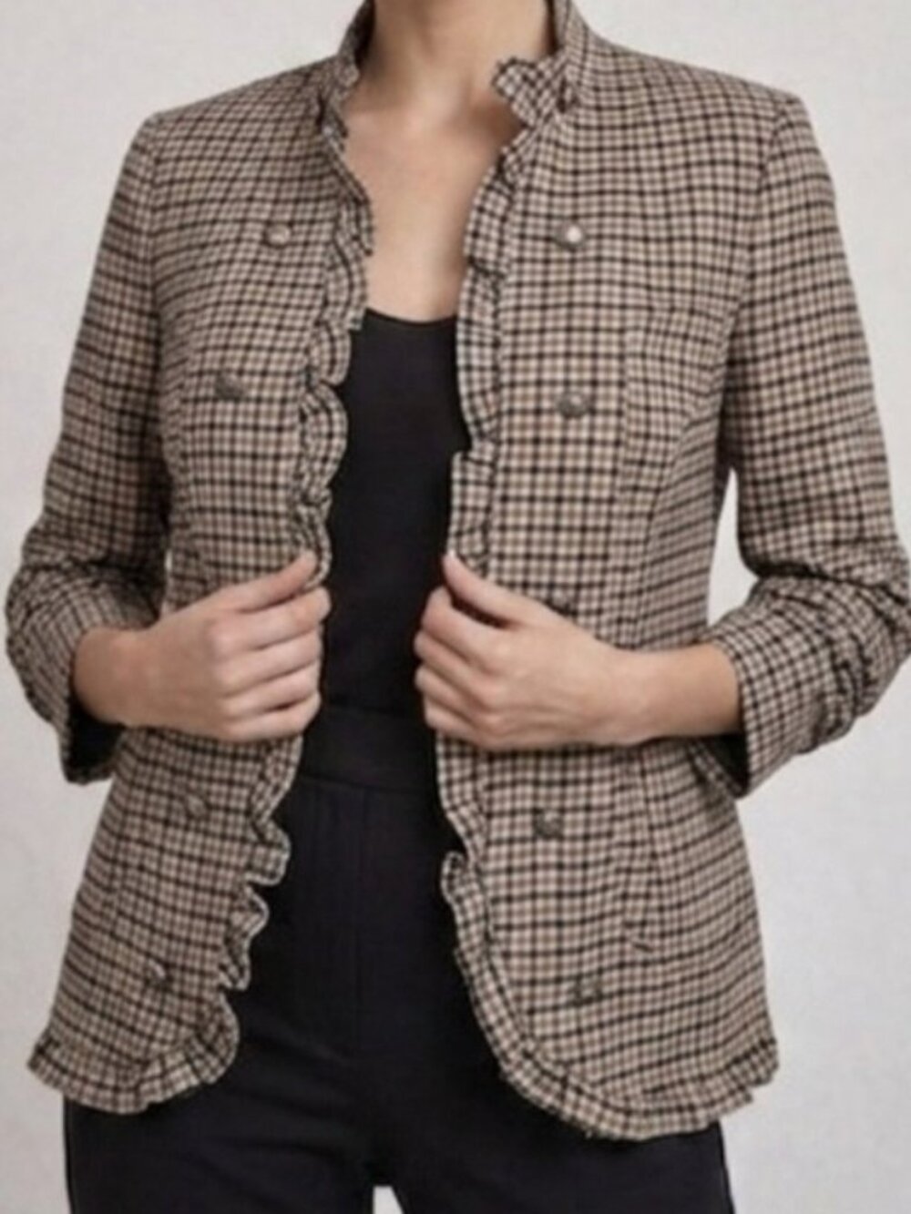 CLEO Plaid Ruffles Trim Military Blazer Jacket Brown Black White XS Preppy Fall